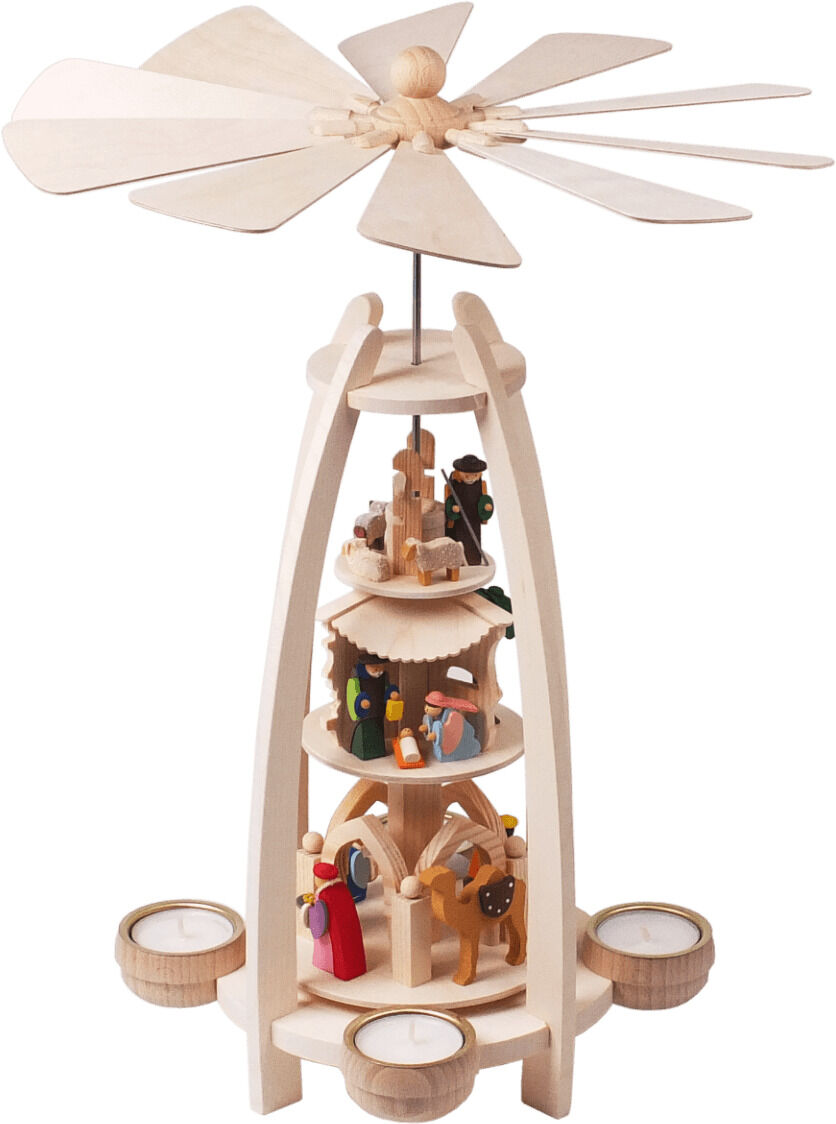 Weihnachtspyramide aus Holz, dargestellt als Christgeburtsszene, passend für Teelicht und Pyramidenkerzen. Die Pyramide hat geschnittene Figuren und ist ideal zur Weihnachtszeit als Dekoration.