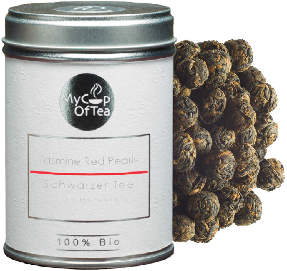 Ein Tee-Set namens »Aroma« enthält eine Dose mit Jasmin Red Pearls schwarzem Tee. Die Dose ist weiß mit einer silbernen Abdeckung und enthält biologischen Tee mit 100% natürlichem Geschmack.