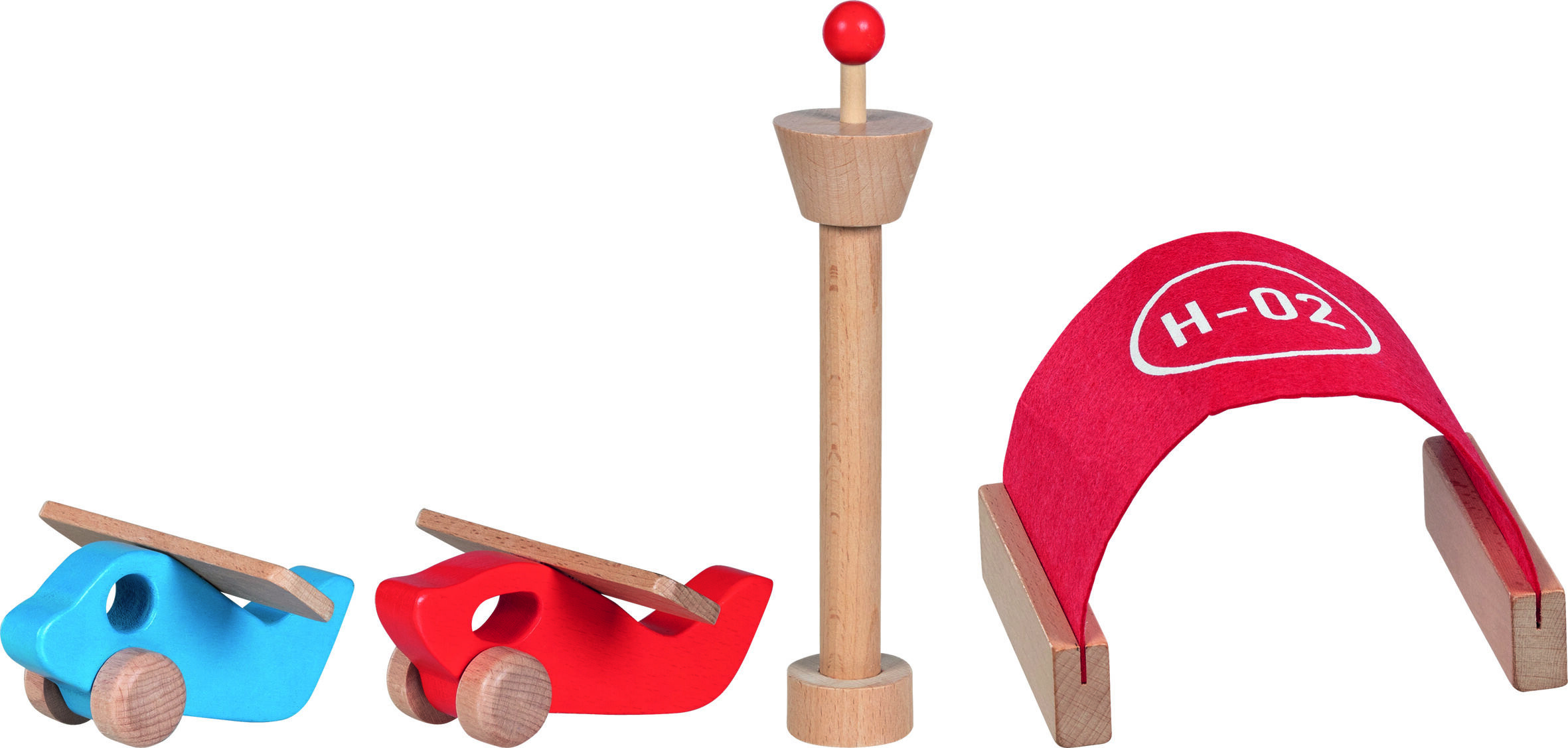 Abgebildet ist das Spielset Flughafen »gokiAir« aus Holz. Das Set besteht aus zwei kleinen Flugzeugen in Blau und Rot, einem Kontrollturm und einer roten Landebahn mit der Aufschrift »H-02«. Die Elemente sind kindgerecht gestaltet und fördern kreatives Spielen.