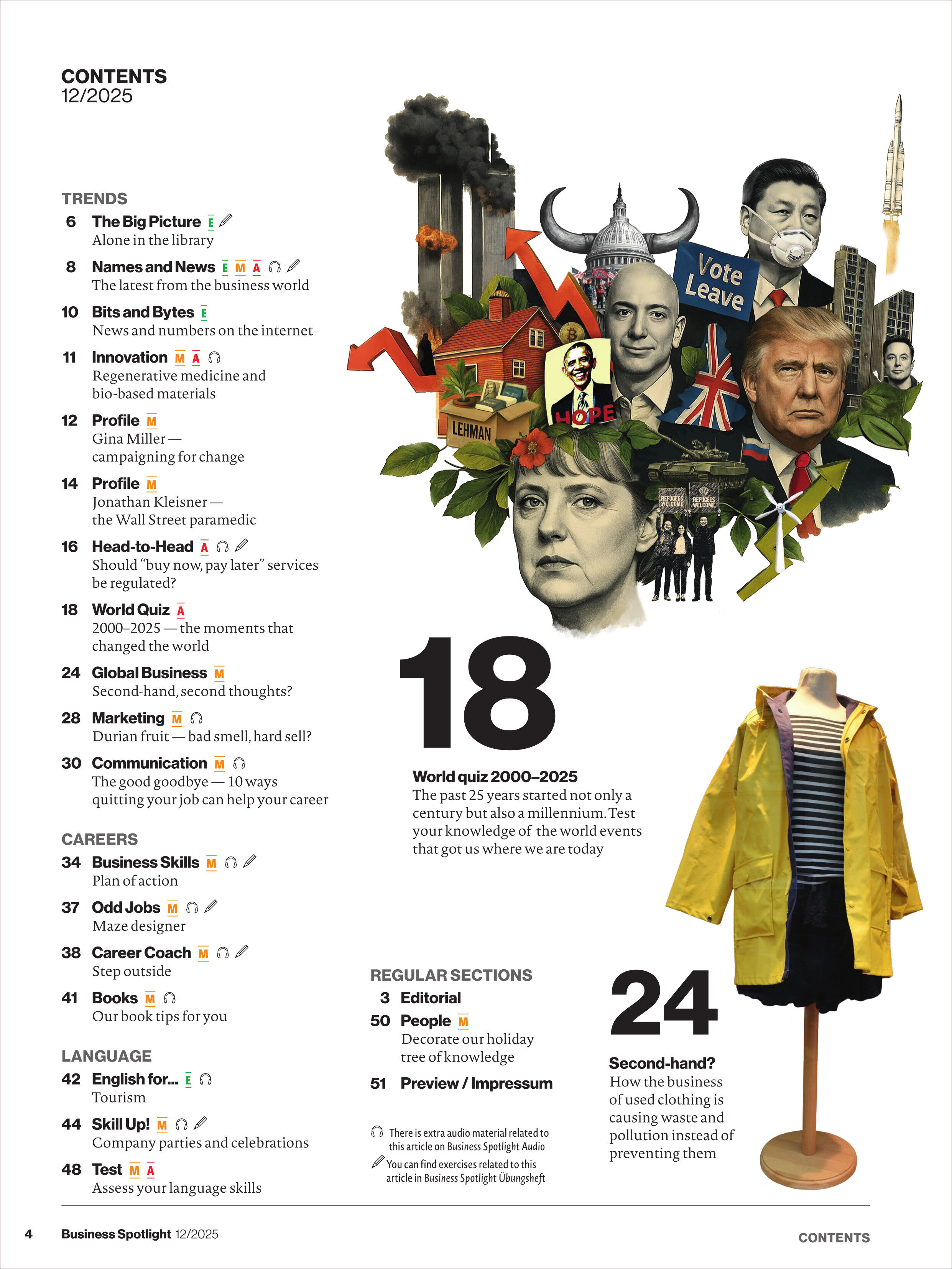 Eine Magazininhaltsseite mit Themenübersicht, darunter Bilder von Politikern, ein brennendes Hochhaus, eine Modepuppe mit gelber Jacke sowie verschiedene Symbole und Illustrationen. Die Seite ist übersichtlich gestaltet mit klaren Textblöcken, Zahlen und Icons.