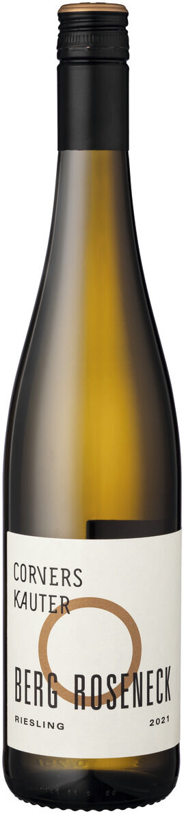 Flasche ZEIT-Weinedition »Rheingau« Riesling von Corvers Kauter, mit Etikett Berg Roseneck und Jahrgang 2021, Weißwein in einer schlanken braunen Flasche.