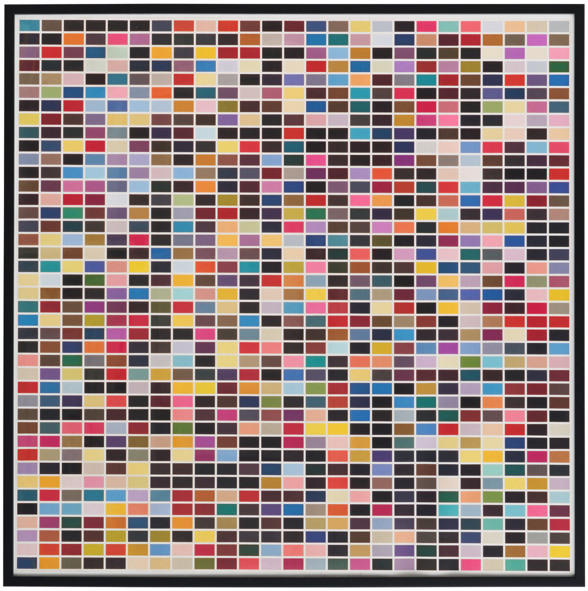 Das Bild »1025 Farben« von Gerhard Richter aus dem Jahr 1974 zeigt eine Vielzahl von farbigen Quadraten, die in einem rasterartigen Muster angeordnet sind. Die Farben umfassen Rot, Blau, Gelb, Grün, Pink, Lila, Weiß, Schwarz, Orange und Braun.