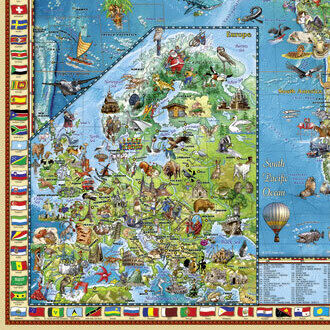Detailreiche, farbenfrohe Weltkarte als Puzzle mit 2.000 Teilen, illustriert mit über 600 kleinen Szenen, Tieren, Wahrzeichen und Besonderheiten aller Erdteile. Der Ozean ist lebhaft gestaltet und die Länder durch verschiedene Farben hervorgehoben. Bunte Flaggen rahmen das Bild ein.