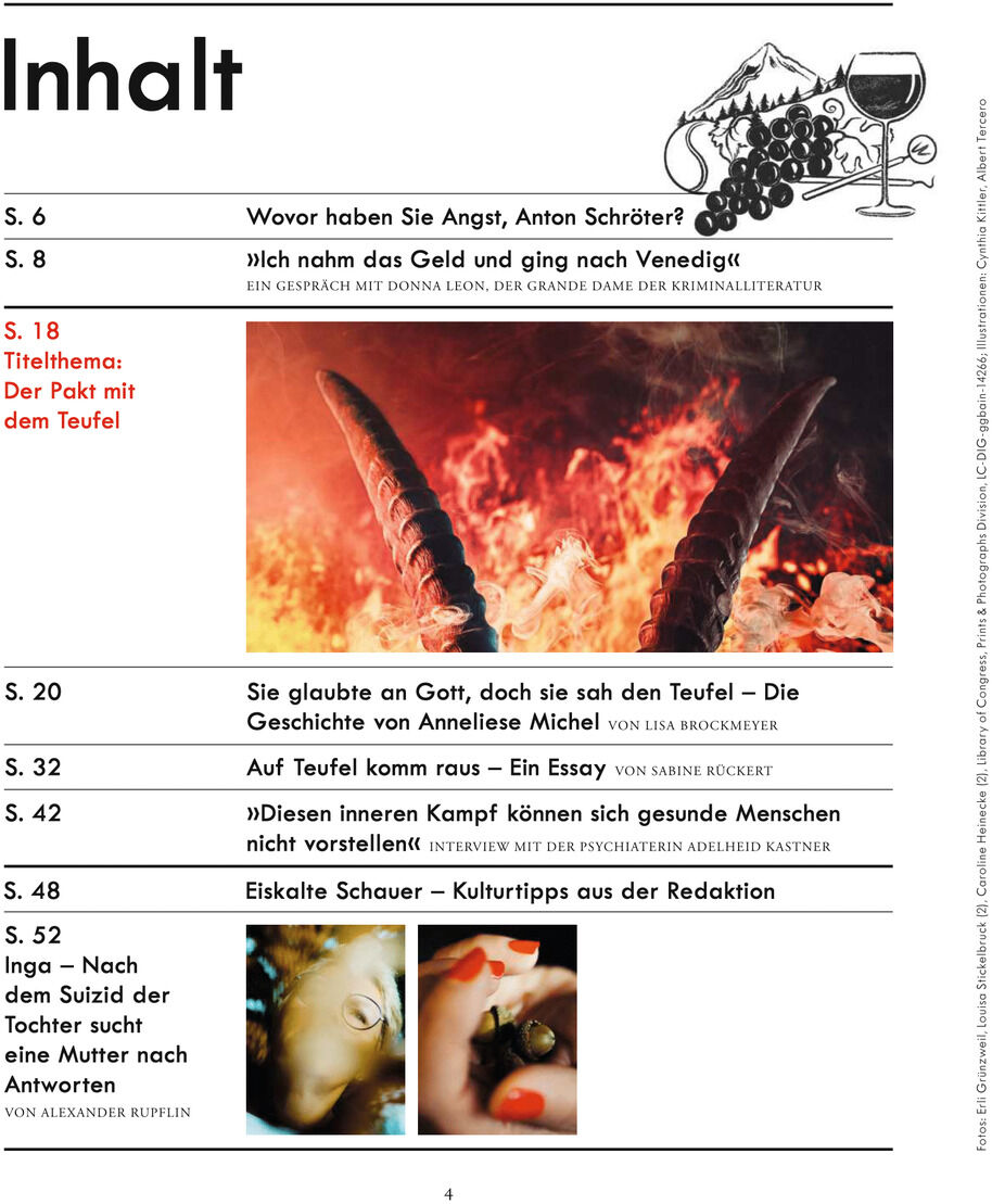 Magazinseite mit Inhaltsverzeichnis des Produkts 'ZEIT VERBRECHEN 30/24', mit Artikeln zu Kriminalität und Kultur, sowie einem Bild von brennenden Hörnern auf rotem Hintergrund.