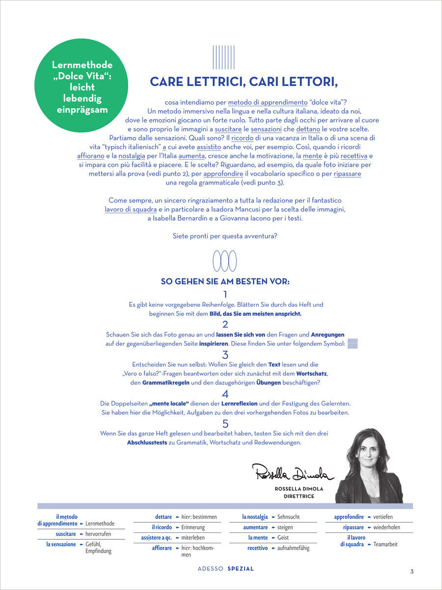 Cover des Adesso Magazin 12/2024 Sonderausgabe zeigt Text- und Bildinhalte mit Schwerpunkt auf dem Italienischlernen.