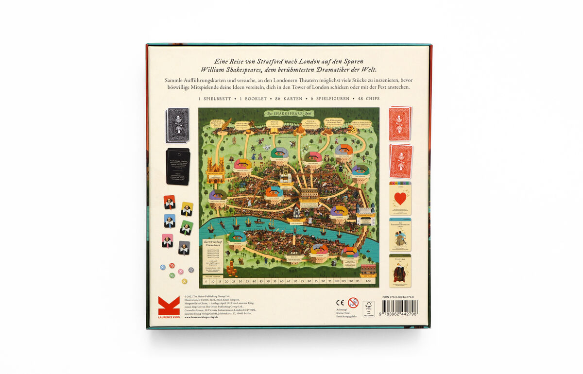 Das Bild zeigt das Spielbrett und die Rückseite der Verpackung des Brettspiels 'Das Shakespeare-Spiel'. Das Design umfasst eine bunte Illustration der Theaterwelt und verschiedene Spielfelder und Karten, die Figuren und Szenen aus den Werken von Shakespeare zeigen.
