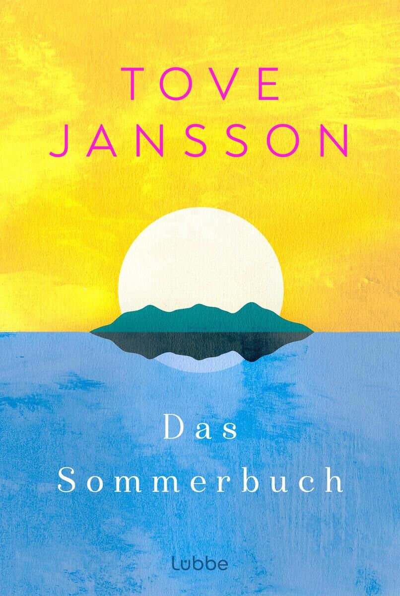 Das Buchcover von 'Das Sommerbuch' von Tove Jansson zeigt einen weißgelben Hintergrund, der die strahlende Sonne darstellt, die teilweise hinter einer grünen Insel untergeht. Darunter sind blaue und weiße Wellen des Meeres abgebildet.
