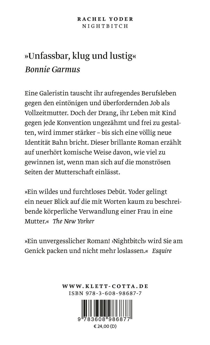 Dunkler Buchrücken von 'Nightbitch' von Rachel Yoder mit Buchkritiken und Klappentext auf der Rückseite.