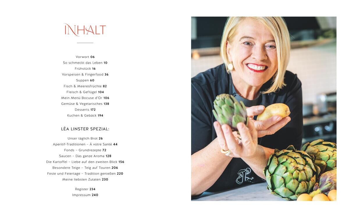 Kochbuch-Inhalt Seite mit dem Titel 'Inhalt' links und Foto von Léa Linster, die Artischocken und Zitronen mit einem Lächeln hält, rechts. Mehrere Artischocken sind auf dem Tisch vor ihr platziert.