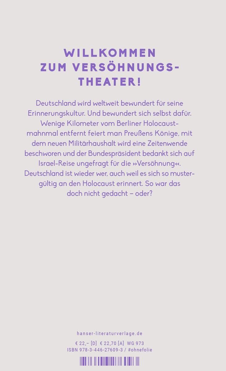 Buchcover von 'Czollek, M: Versöhnungstheater' mit lila Hintergrund und weißem Text, der eine kritische Auseinandersetzung mit der deutschen Erinnerungskultur thematisiert. Unten stehen Verlagsinformationen und ein Barcode.