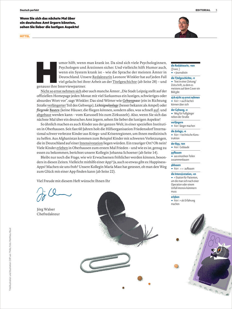 Das Titelbild der Deutsch perfekt Magazin Ausgabe 5/2025 zeigt eine Seite mit einem Textabschnitt, der mit einem großen Buchstaben 'H' beginnt. Es sind grafische Elemente wie ein schwarzer Pinselstrich, eine Sicherheitsnadel, und ein Briefmarken-Motiv in Violett zu sehen. Auf der Seite sind verschiedene Informationen und ein Autorenbild im oberen rechten Bereich abgebildet.