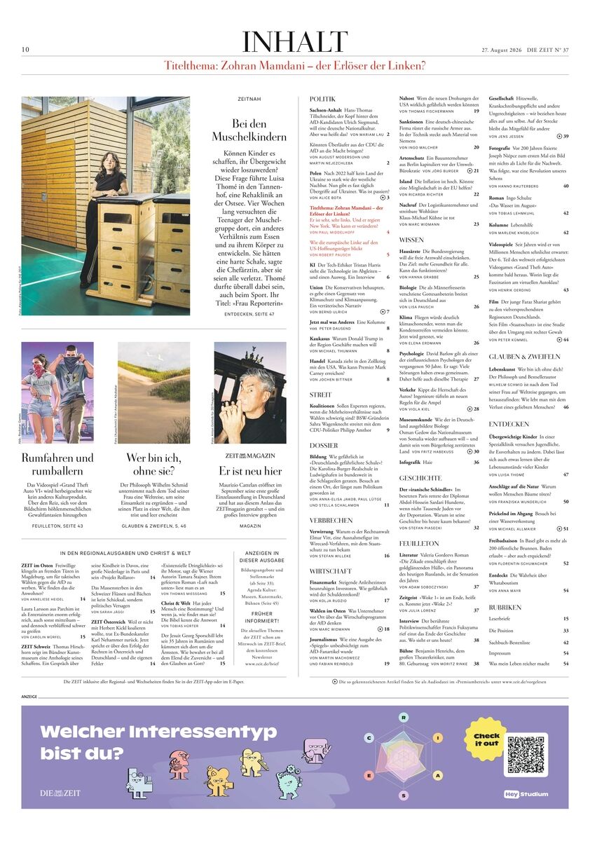 Titelseite des Inhaltsverzeichnisses der Wochenzeitung DIE ZEIT 37/2026 mit mehreren Bildern: Im oberen Bereich eine Frau an Bienenkästen, darunter Fotos von Menschen, dazu zahlreiche Rubrikentitel und kurze Textbeschreibungen. Unten ein lilafarbener Werbebanner.