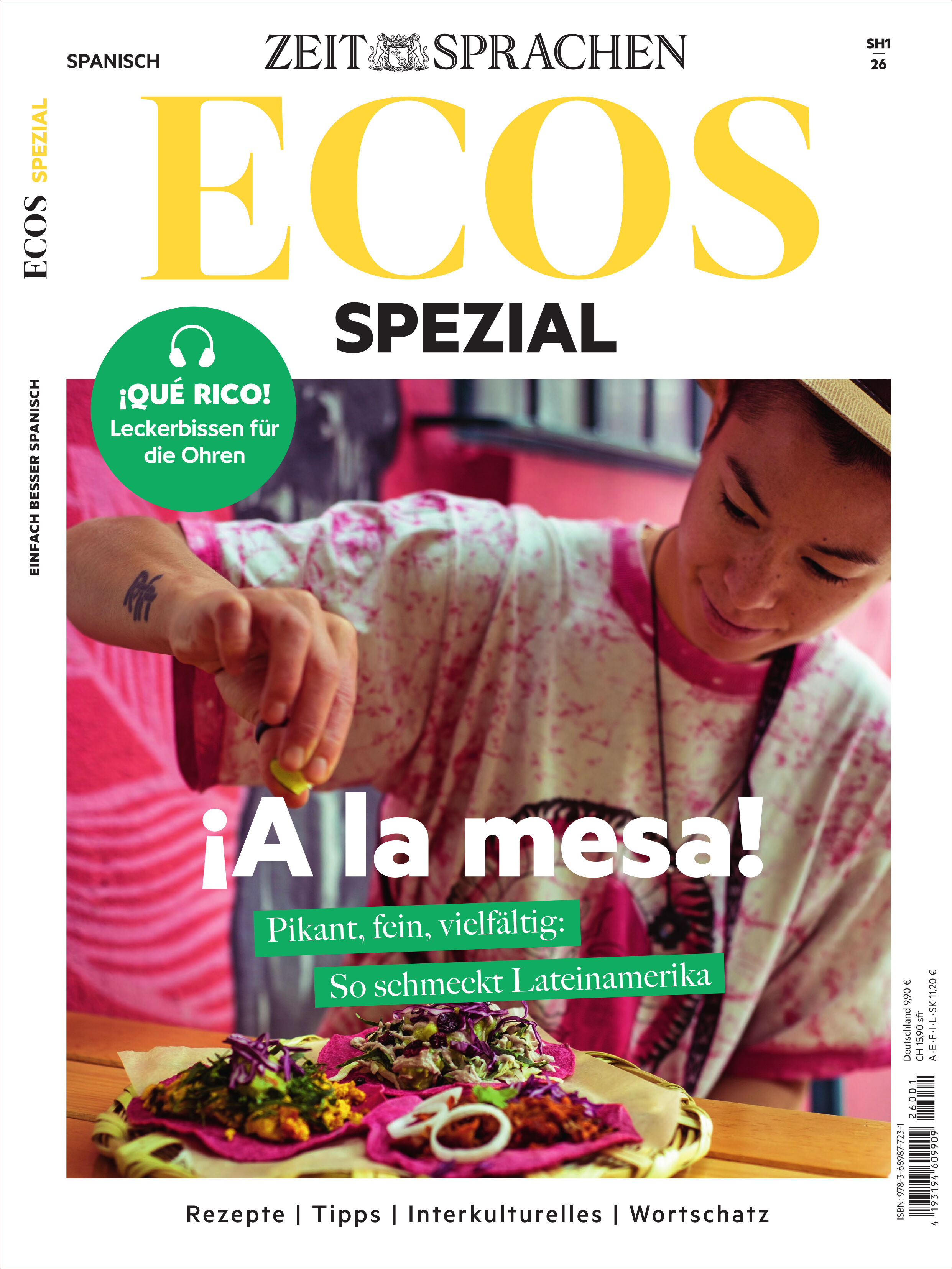 Das Cover der Sonderausgabe "Ecos Magazin 4/2026" vom Spotlight Verlag zeigt den Titel "Einfach besser Spanisch" mit farbenfrohen grafischen Elementen wie Karten von Spanien und Lateinamerika, kulinarischen Symbolen wie Paella und Tapas, sowie Illustrationen zu Alltagssituationen und Reisen. Hochwertiger Magazin-Look.