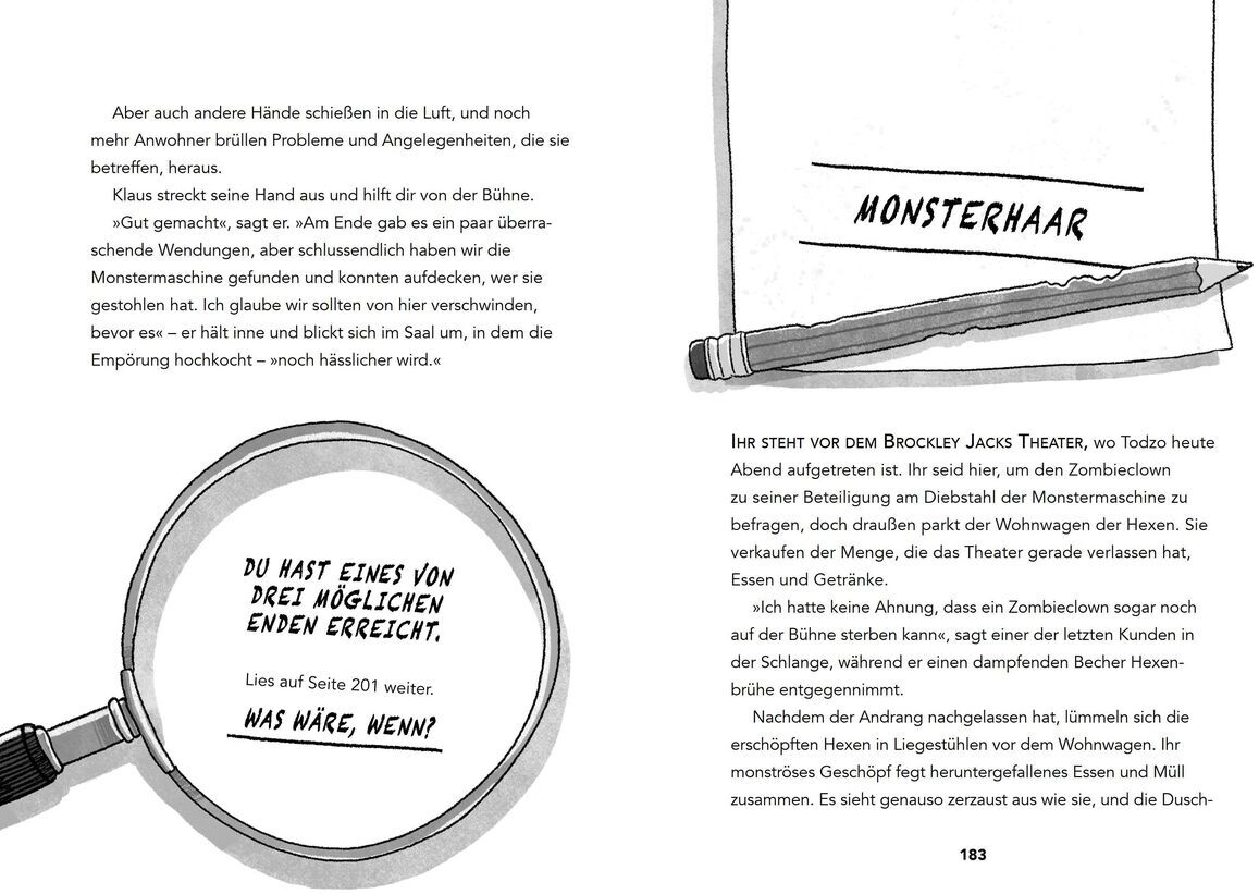 Aufgeschlagenes Buch 'Jones, Gareth, P.: Ein Fall für DICH - Die Monster-Maschine' mit Schwarzweißillustrationen und Textauszügen. Unter anderem ist eine Lupe zu sehen, die auf eine Notiz zeigt, sowie ein Stift und der Schriftzug 'MONSTERHAAR'.