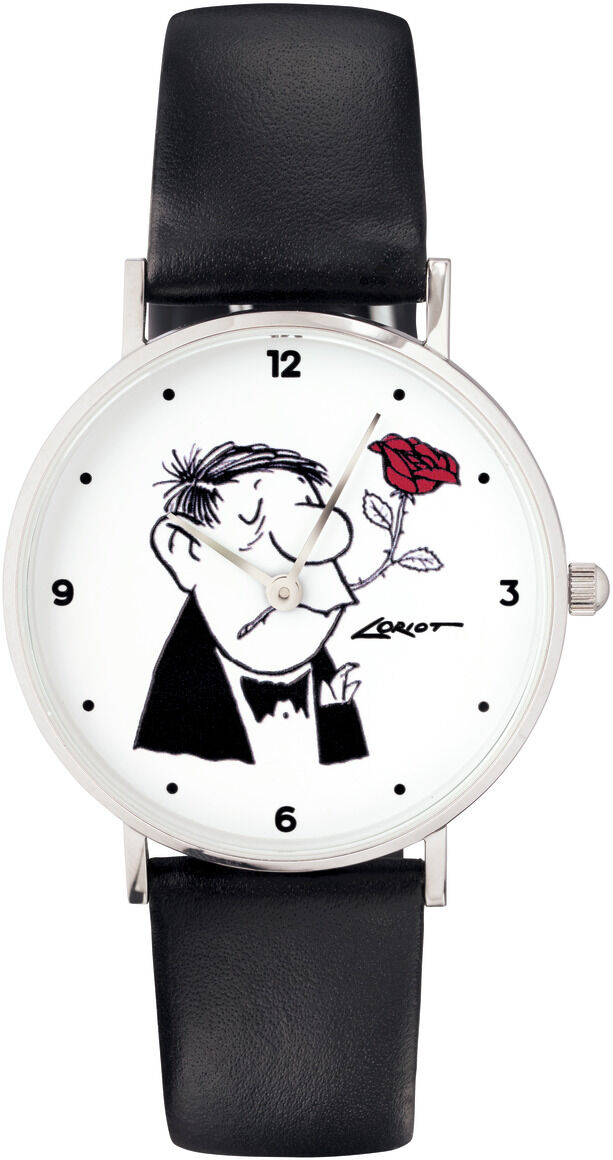 Eine Künstler-Armbanduhr mit dem Motiv 'Loriot - Der Rosenkavalier', zeigt eine Karikatur eines eleganten Herren mit einer Rose, umrahmt von einem schwarzen Lederarmband.