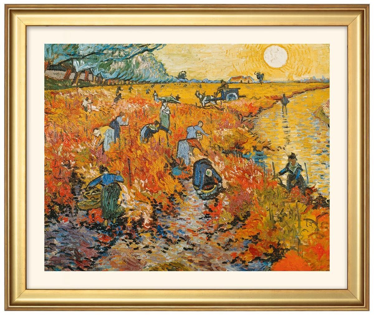 Ein Set von vier Landschaftsbildern von Vincent van Gogh, in einem goldenen Bilderrahmen. Die Bilder zeigen ländliche Szenen mit Personen, die auf Feldern arbeiten, und sind in kräftigen Farben wie Gelb, Orange, Rot, Blau, Grün, Weiß und Braun gemalt.