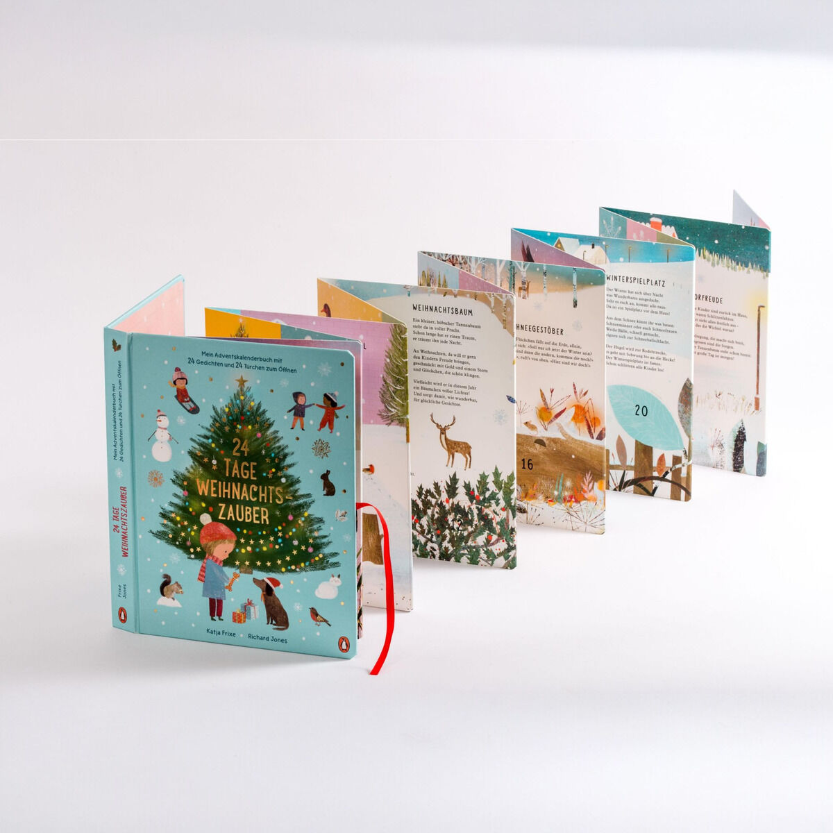 Ein Adventskalenderbuch mit dem Titel '24 Tage Weihnachtszauber'. Das Buch hat eine bunte Darstellung eines geschmückten Tannenbaums auf dem Cover. Daneben sind geöffnete Seiten mit weihnachtlichen Illustrationen und Geschichten sichtbar.
