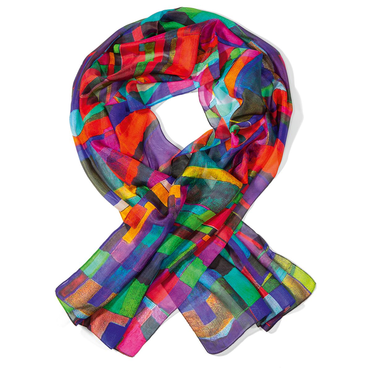 Bunter Seidenschal mit abstraktem, rechteckigen Muster in kräftigen Farben wie Violett, Rot, Blau, Grün, Orange und Gelb. Der Schal hat eine zarte, leicht transparente Optik, glänzt edel und wirkt luxuriös. Das Format ist länglich, die Enden dezent abgerundet.