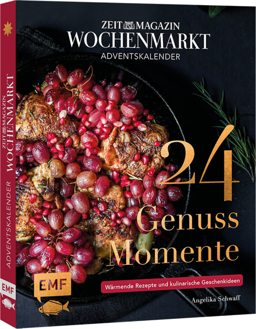 Adventskalender »24 Genussmomente« von ZEIT Magazin und EMF Verlag mit roten und weißen Akzenten. Das Cover zeigt ein Gericht mit roten Trauben und einer festlichen Gestaltung.