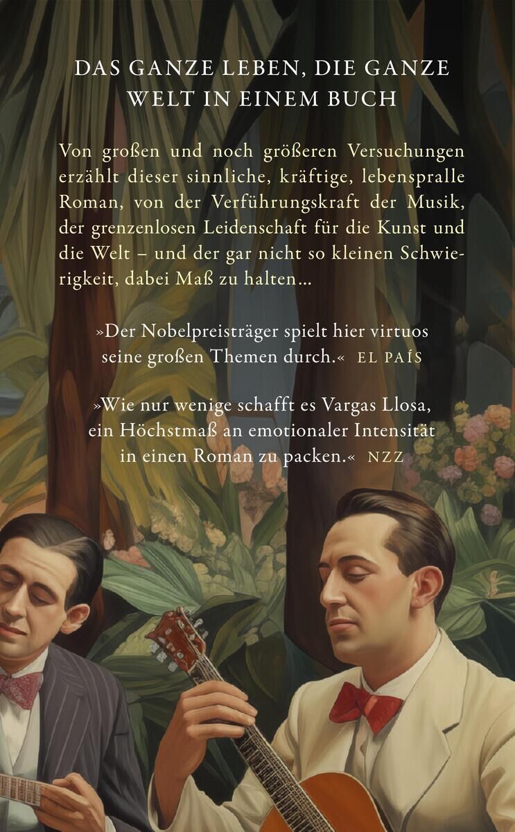 Das Bild zeigt den Buchumschlag von 'Die große Versuchung' von Mario Vargas Llosa. Der Hintergrund ist in dunklen Farben gehalten, und zwei Männer in eleganter Kleidung spielen Gitarre. Der obere Teil des Buchumschlags enthält den Titel und den Namen des Autors in weißen Buchstaben. Verschiedene Zitate sind ebenfalls auf dem Umschlag abgedruckt.