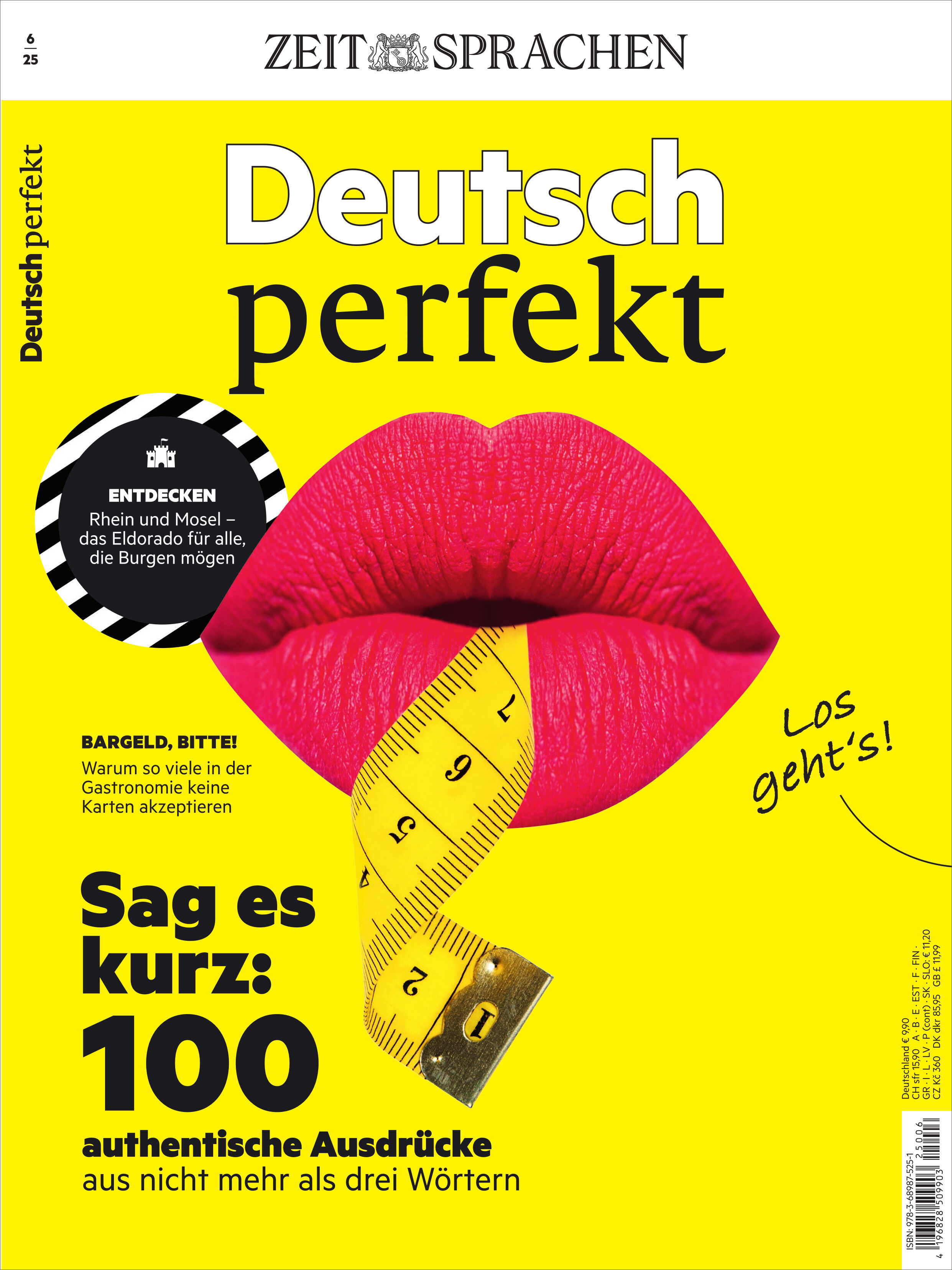 Cover des Deutsch perfekt Magazins 6/2025 zeigt eine große Abbildung von rosa Lippen, aus denen ein gelbes Maßband herausschaut. Der Hintergrund ist überwiegend gelb mit schwarzem und weißem Text.
