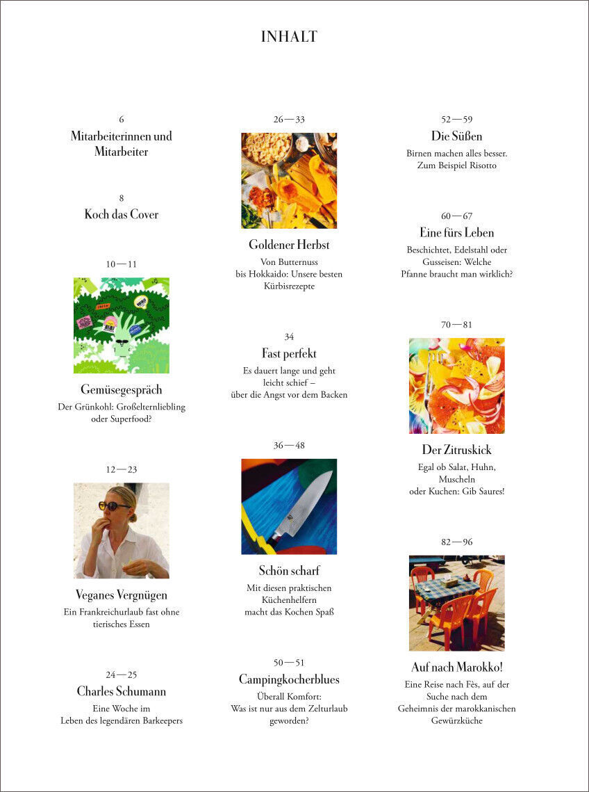 Eine Inhaltsverzeichnisseite des ZEITmagazins WOCHENMARKT 3/22, die verschiedene Themen und Artikelüberschriften zeigt. In der Mitte der Seite befinden sich farbenfrohe Bilder, die verschiedene kulinarische und kulturelle Themen illustrieren.