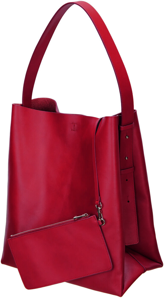 Eine große rote Lederhandtasche mit dem Namen »Neo Cep«, die eine zusätzliche abnehmbare Tasche an der Vorderseite hat.