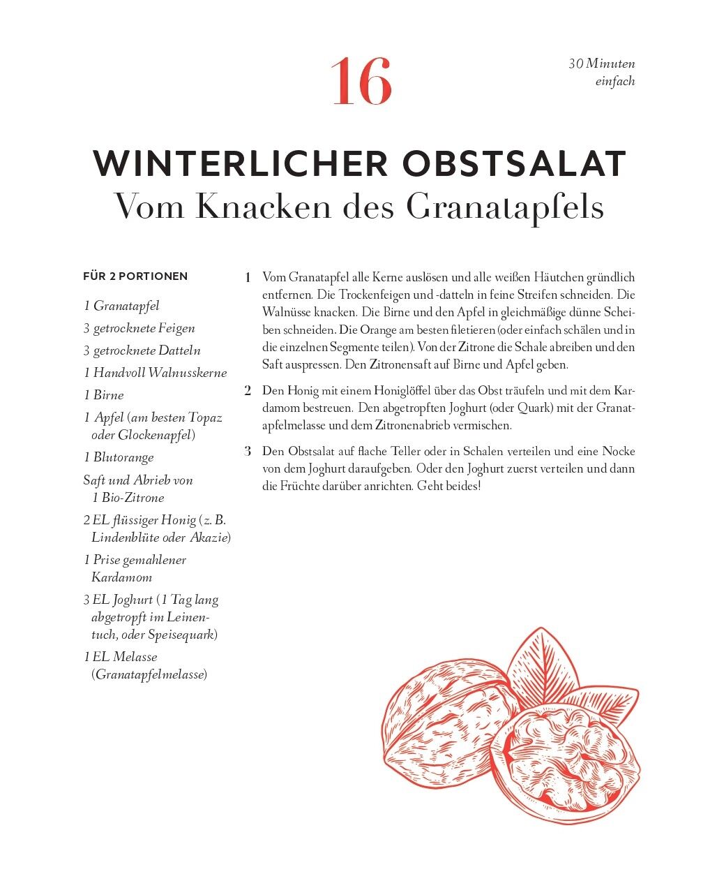 Rezeptkarte aus einem Adventskalender mit dem Titel 'Winterlicher Obstsalat: Vom Knacken des Granatapfels'. Die Karte ist im Rot-Weißen Design gestaltet und enthält eine Zutatenliste, Zubereitungsanleitung sowie eine Zeichnung von zwei aufgeschnittenen Granatäpfeln am unteren Rand.