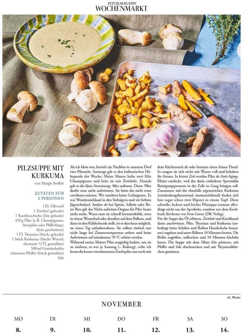 Das Kalenderblatt zeigt eine herbstliche Szene mit einem Teller Pilzsuppe, frischen Pilzen, Kräutern und einem Backblech mit geschnittenen Pfifferlingen und Knoblauch. Darunter steht ein Rezept für Pilzsuppe mit Kurkuma sowie ein Monatskalender für November 2027.