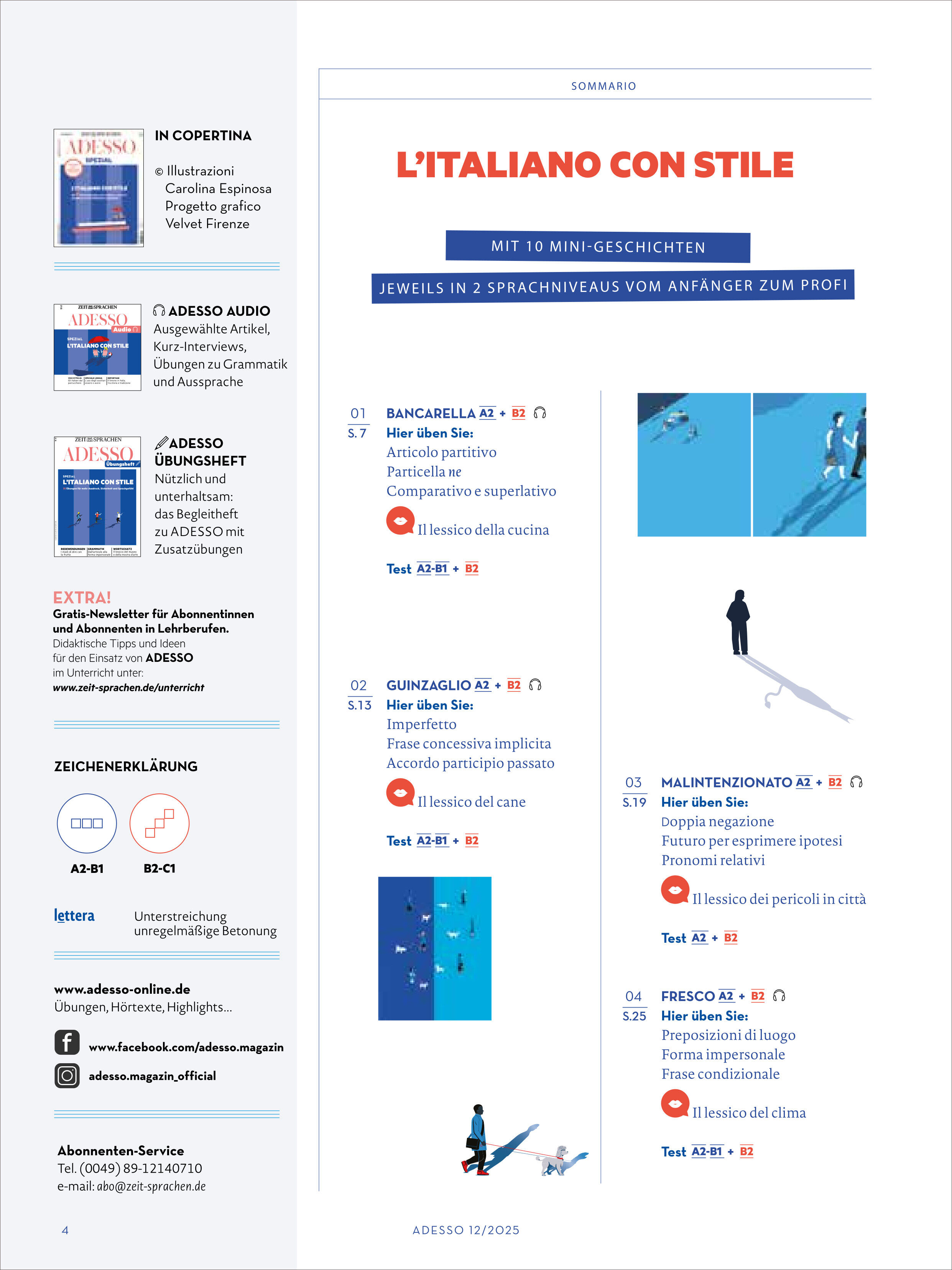 Das Adesso Magazin 12/2025 Sonderausgabe zeigt ein modernes, klares Coverlayout mit italienischem Sprachfokus. Die Titelseite präsentiert Textblöcke, Illustrationen von Menschen und Schatten sowie eine übersichtliche Gliederung der Inhalte, die Mini-Geschichten zum Sprachenlernen hervorheben. Die Hauptfarben sind Blau, Weiß und Rot.