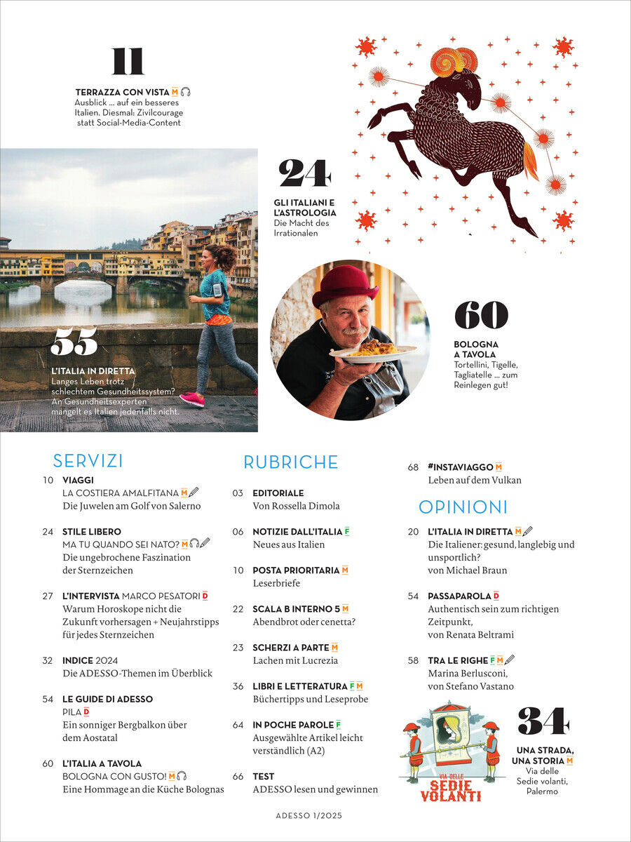 Cover des Adesso Magazins Ausgabe 1/25, zeigt Bilder von Italien, darunter Bologna, Toskana, Essen und Reisen. Enthält Text über Kultur und Lifestylethemen.