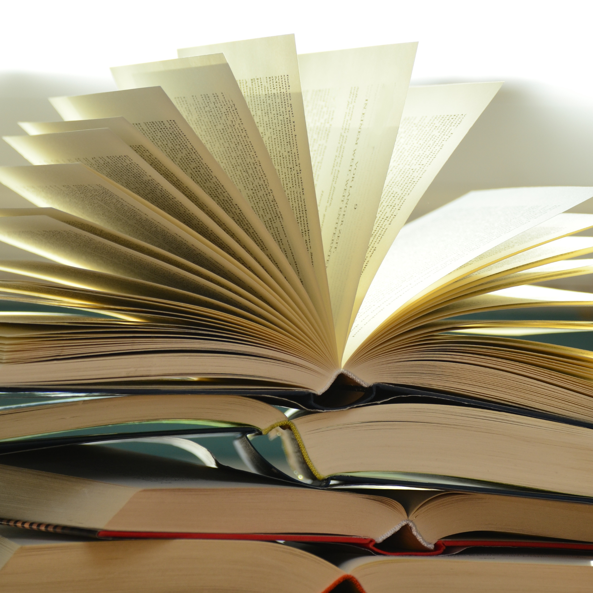 Link zur die besten Bücher 2025. Mehrere aufgeschlagene Bücher liegen übereinander, ihre Seiten bilden auffächernde Muster. Die Seiten sind cremefarben bis weiß, die Buchrücken und -umschläge zeigen gedeckte Farben wie Rot, Grün, Beige und Blau. Der Hintergrund ist weiß und hell ausgeleuchtet.