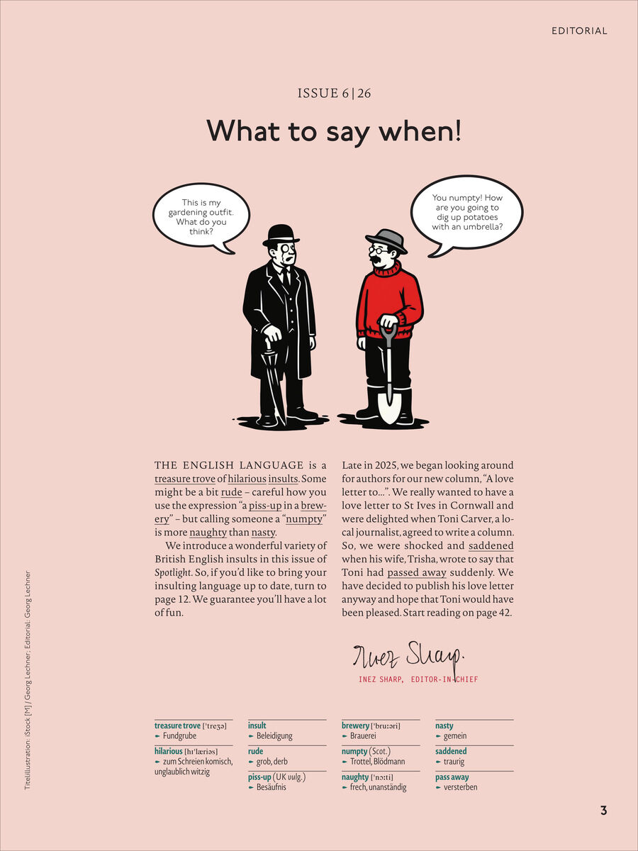 Titelseite des Editorials der Spotlight Magazin Ausgabe 6/2026. Zentrale Illustration: Zwei gezeichnete Männer, einer im Anzug, einer mit Schaufel und rotem Pullover, sprechen Englisch. Überschrift: "What to say when!" Beige Hintergrund mit schwarzem Text und hervorgehobenen Begriffen.
