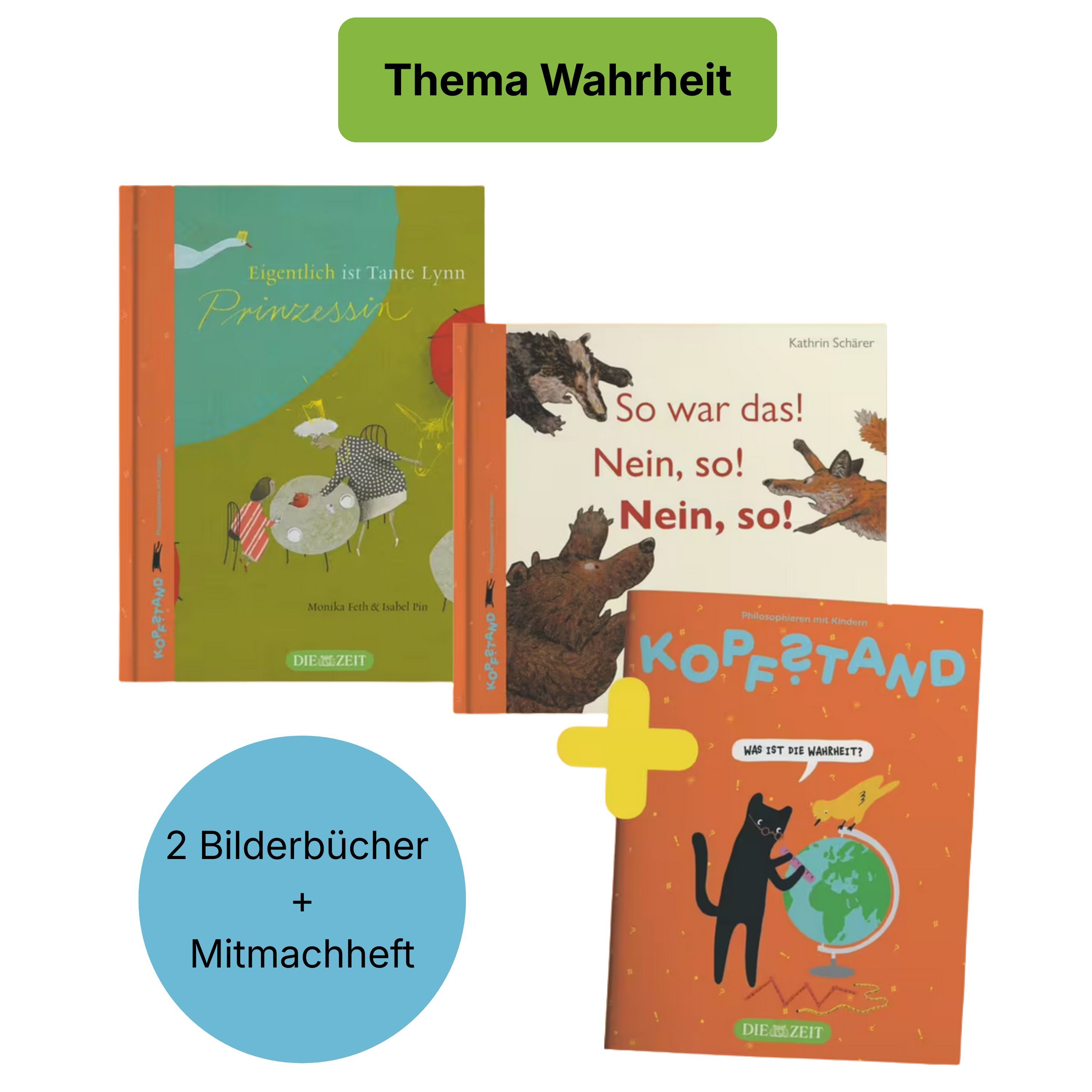 Drei farbenfrohe Produkte der ZEIT-Edition »Kopfstand - Philosophieren mit Kindern« zum Thema Wahrheit: Zwei Bilderbücher (»Eigentlich ist Tante Lynn Prinzessin« und »So war das, nein, so«) und ein orangenes Mitmachheft mit Tieren und Illustrationen. Ein blauer Kreis weist auf die Bestandteile hin.