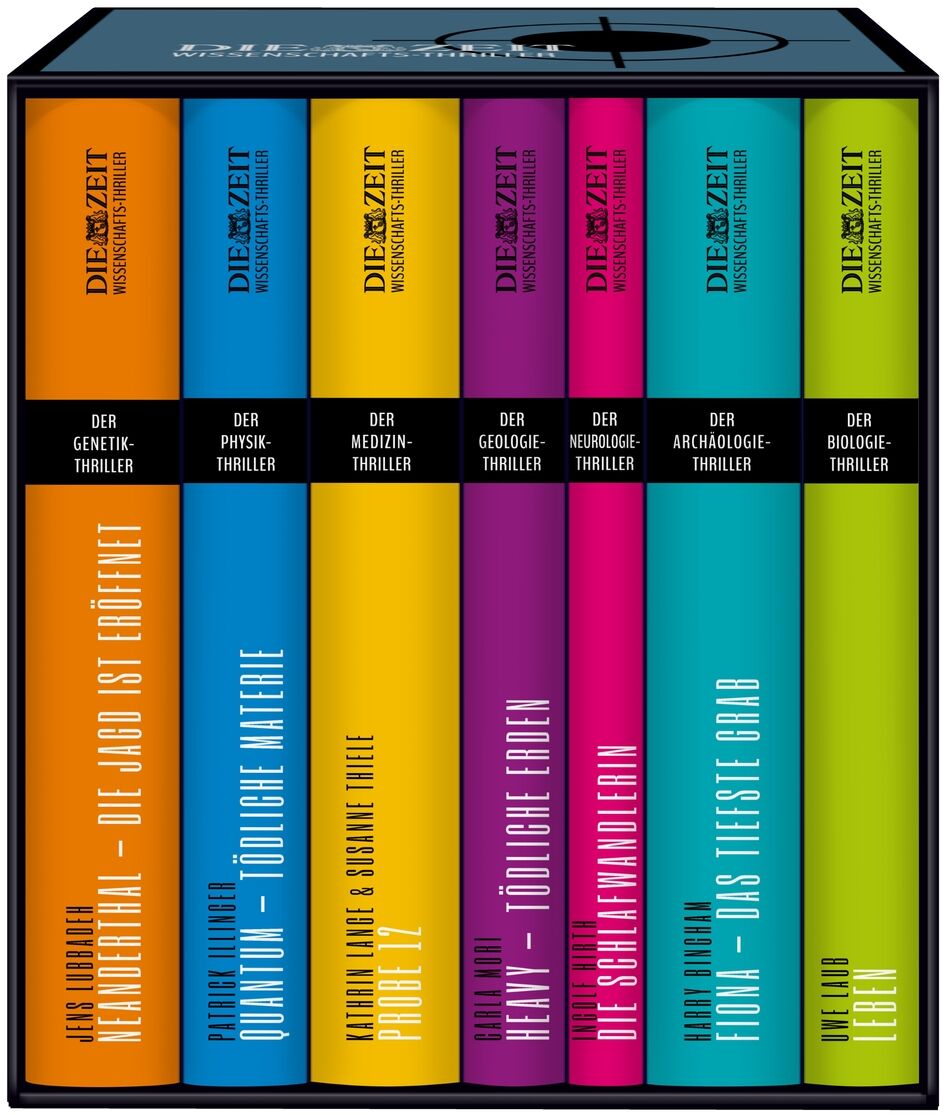 Die ZEIT-Edition »Wissenschafts-Thriller«, eine Sammlung von acht Büchern mit farbenfrohen Einbänden in einer stilvollen Buchbox. Jedes Buch behandelt ein wissenschaftliches Thema wie Genetik, Physik, Geologie und Archäologie.
