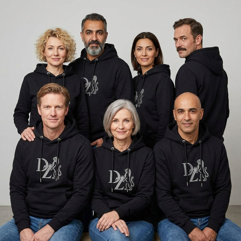 Sieben Erwachsene in unterschiedlichen Altersgruppen tragen den schwarzen »ZEIT« Hoodie aus der ZEIT-Kollektion. Die Kapuzenpullis zeigen vorn das graue ZEIT-Löwen-Logo als Schaumprint. Die Gruppe sitzt und steht in entspannter Pose vor hellem Hintergrund und trägt Jeans.