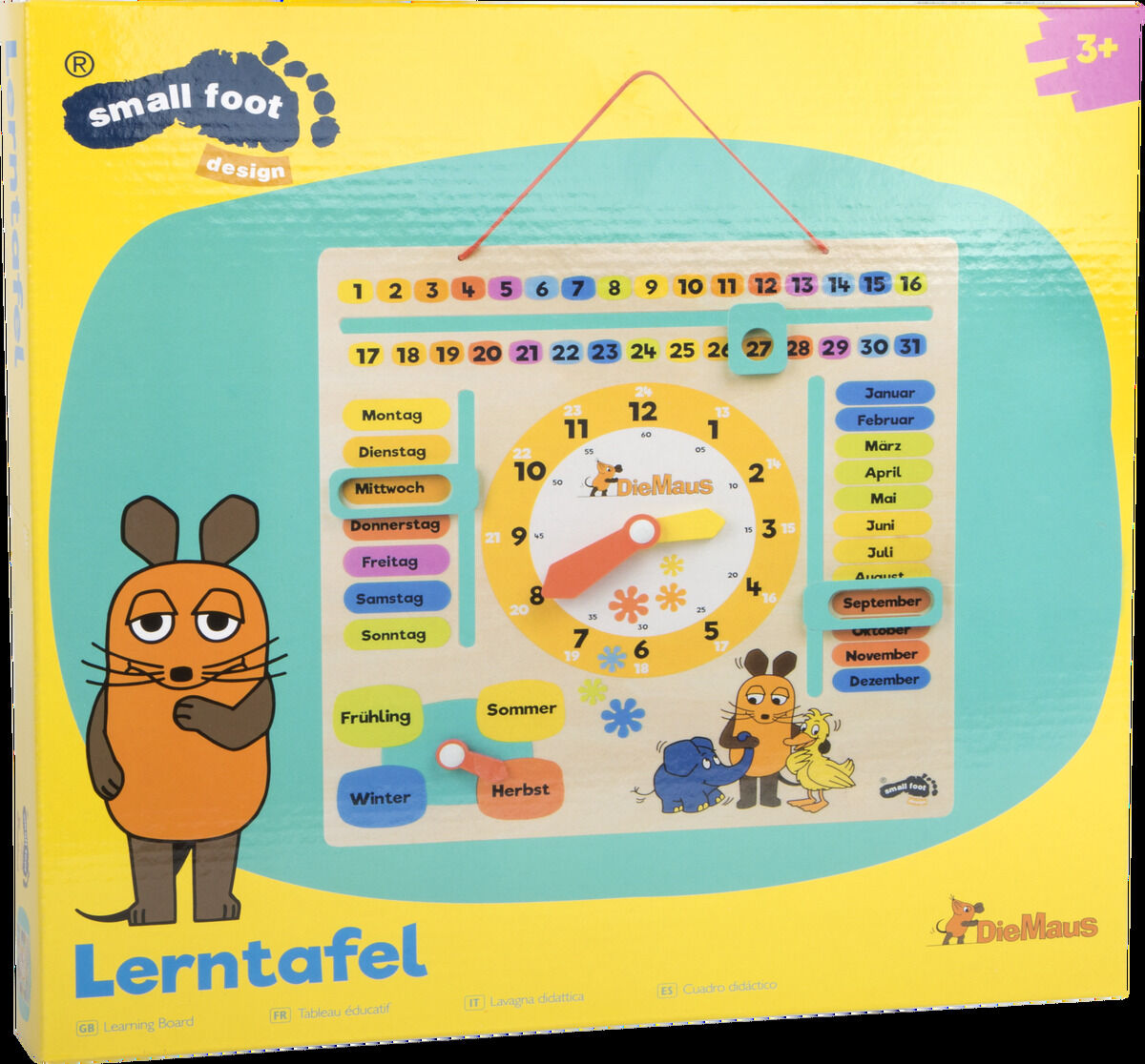 Lerntafel mit Farbkreisen und verschiedenen Lernelementen von 'Die Maus'. Geeignet für Kinder ab 3 Jahren, zeigt Wochentage, Monate, Jahreszeiten und hat eine Uhr zum Lernen der Uhrzeit. Das Design zeigt die bekannte Figur Die Maus in bunt, pädagogisches Lernspielzeug.