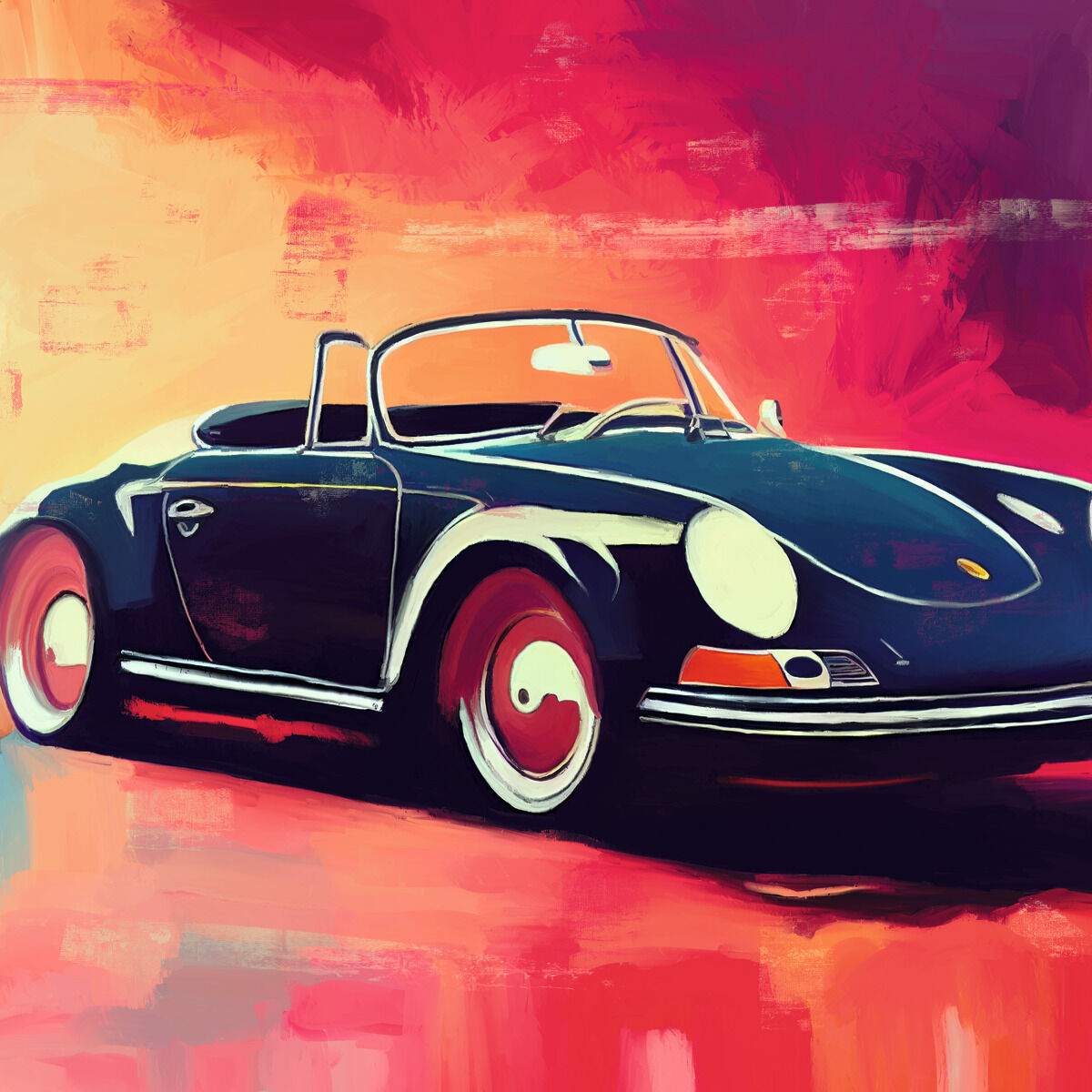 Ein künstlerisches Bild des Porsche 356 Speedster aus dem Jahr 2022 von Holger Mühlbauer-Gardemin, dargestellt in einer lebendigen Mischung aus Pink, Blau, Orange und Lila Tönen.