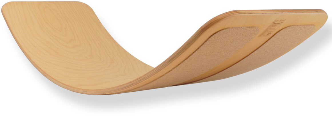 Ein Balanceboard aus hell gebeiztem Holz mit einer geschwungenen Form. Geeignet für Bewegungstraining und verschiedene Fitnessübungen.