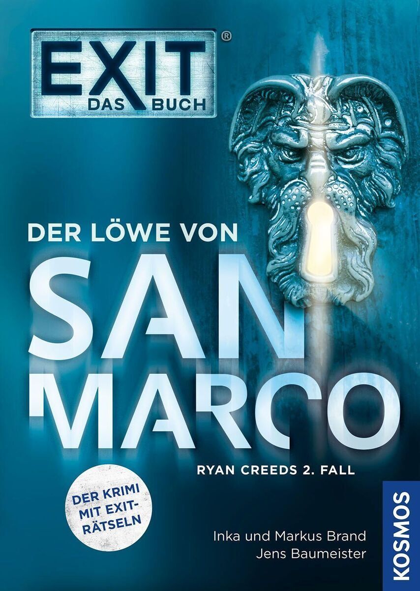 Buchcover von 'EXIT® - Das Buch: Der Löwe von San Marco' zeigt Schriftzug in blauen Tönen, Löwenkopf und Autoren Inka und Markus Brand, Jens Baumeister. Enthält Hinweise auf Krimi und Rätsel.