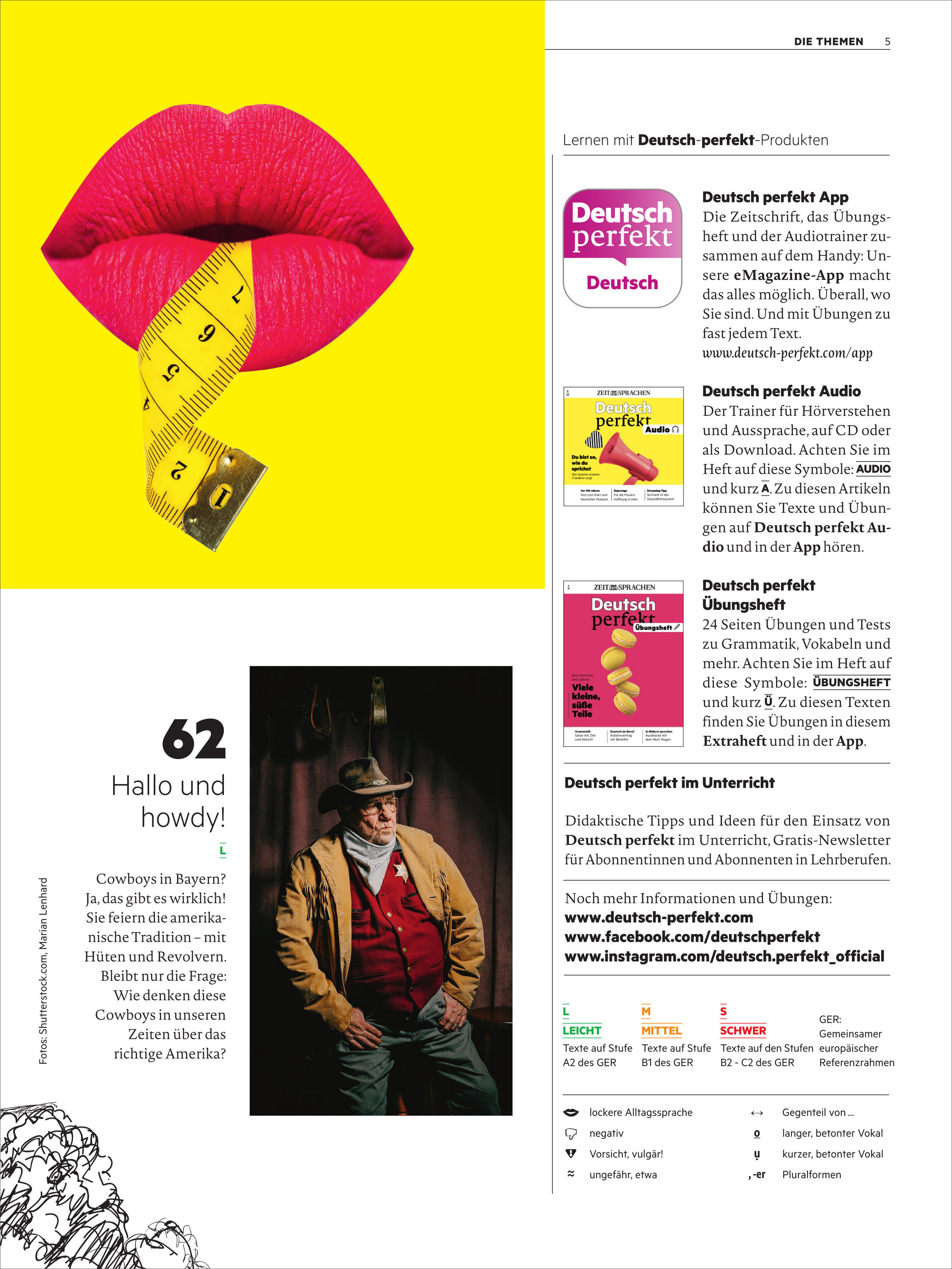 Magazinseite des 'Deutsch perfekt Magazin' Ausgabe 6/2025 mit buntem Layout. Oben links ein Bild mit roten Lippen, die ein gelbes Maßband halten. Rechts stehen Produktbeschreibungen und Verweise für die Deutsch perfekt App und andere Lernangebote. Im Artikelbereich ein Bild mit einem Mann in traditioneller Kleidung.