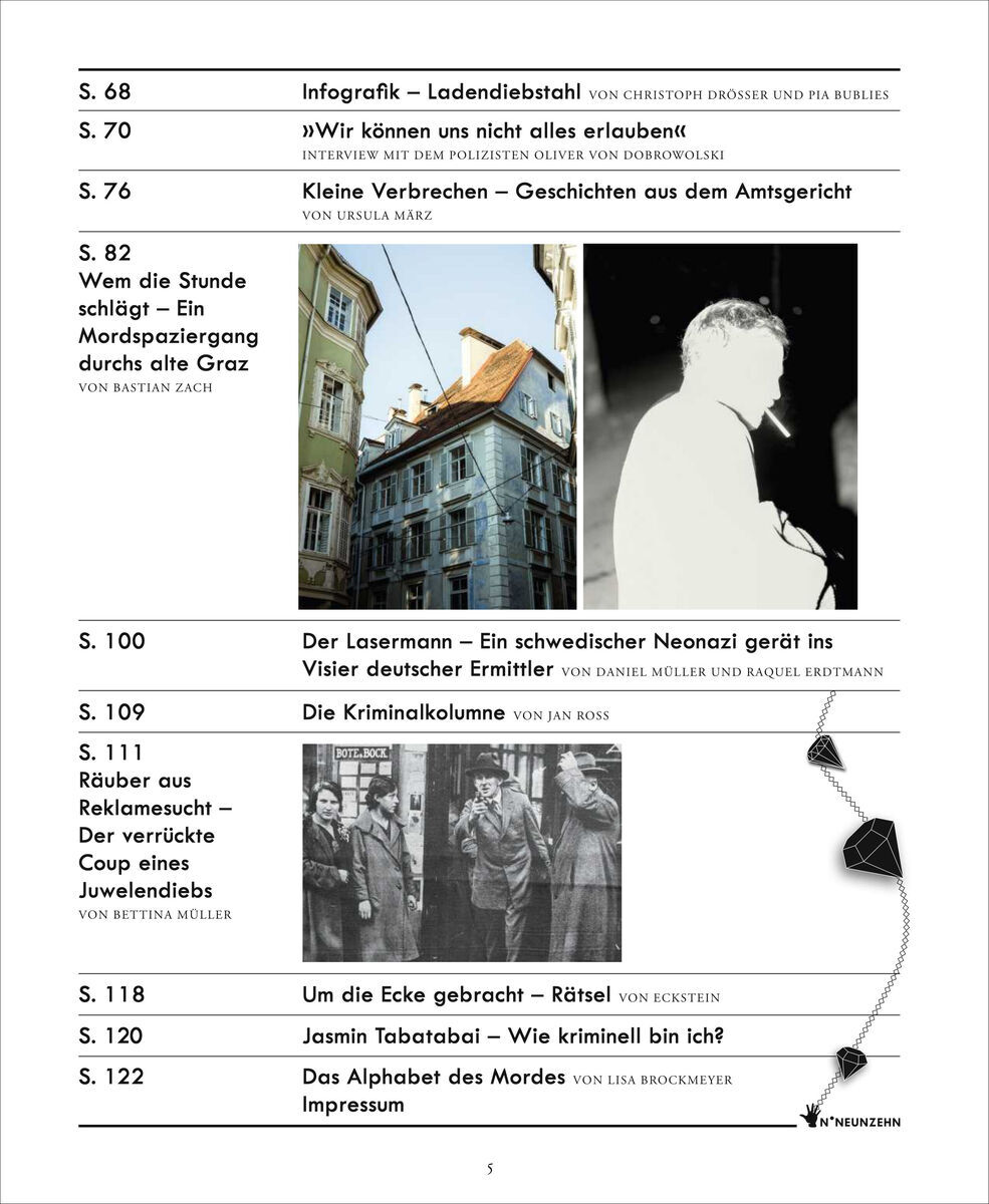 Cover des Magazins ZEIT VERBRECHEN, Ausgabe 19/23. Verschiedene Artikel mit Bildern und Texten zu Verbrechen und True Crime. Enthält Fotos, Illustrationen und Infografiken.