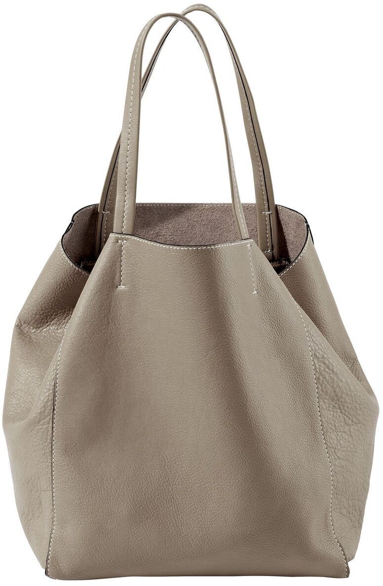 Beige Lederhandtasche mit zwei Schulterriemen. Die Tasche hat ein minimalistisches und elegantes Design, das für verschiedene Anlässe und täglichen Gebrauch geeignet ist.