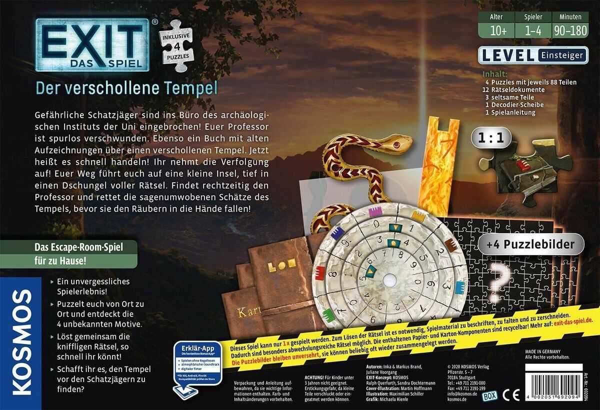 Die Verpackung des Produkts 'EXIT - Das Spiel + Puzzle: Der verschollene Tempel' zeigt den Titel, Details zum Spiel, eine Themenbeschreibung, einen Kompass, und verschiedene Illustrationen. Das Alter der Spieler wird mit '10+' angegeben und die Spieldauer mit 90-180 Minuten. Unten rechts sind vier Puzzle-Bilder zu sehen.