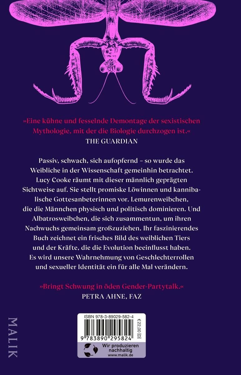 Das Cover des Buches 'Cooke, L: Bitch - Ein revolutionärer Blick auf Sex, Evolution und die Menschheitsgeschichte' zeigt einen lila Hintergrund mit dem Titel in weißer Schrift. Eine stilisierte Illustration eines weiblichen Insekts ist ebenfalls zu sehen. Ein Zitat von The Guardian ist auf dem Cover abgedruckt.