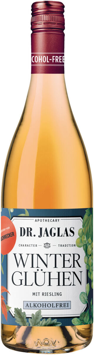 Eine goldgelbe Flasche alkoholfreier Winterglühen Riesling von Dr. Jaglas steht aufrecht. Das Etikett zeigt grüne Trauben und dekorative winterliche Elemente sowie den Produktnamen. Die Flasche ist für winterliche oder festliche Anlässe gestaltet.