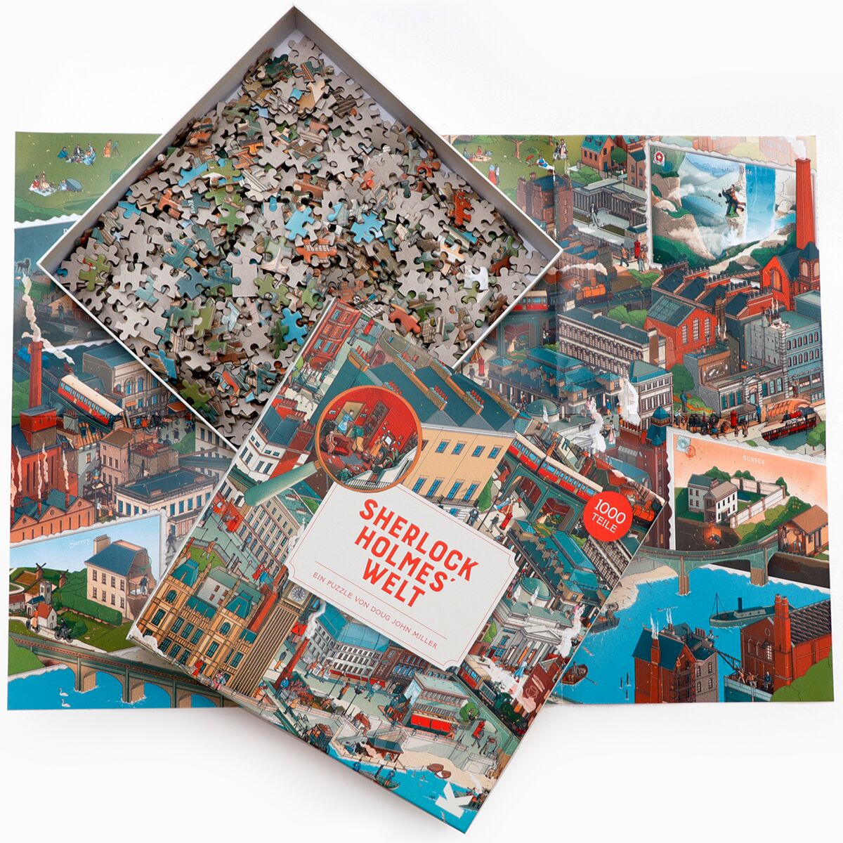 Das Bild zeigt das 1000-Teile-Puzzle »Shakespeares Welt« von Laurence King Verlag. Dargestellt ist ein detailreiches, farbenfrohes Panorama von Shakespeares London mit der Themse, dem Globe Theatre, dem Tower of London, historischen Gebäuden, zahlreichen Figuren und Szenen aus den Werken Shakespeares.