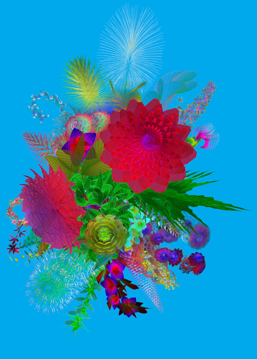 Ein digitales Kunstwerk von Miguel Chevalier namens 'ZEIT Sonderedition Extra-Natural', das ein leuchtendes Blumenarrangement mit verschiedenen Pflanzen und Blüten in den Farben Blau, Rot, Grün, Gelb und Violett auf einem blauen Hintergrund zeigt.