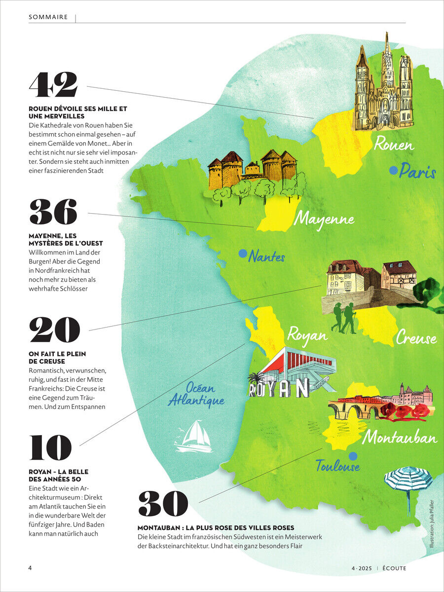 Illustration einer Karte von Frankreich in einer Magazin-Doppelseite mit Sehenswürdigkeiten und Städten wie Rouen, Paris und Royan. Grüne, blaue und gelbe Farbtöne dominieren.