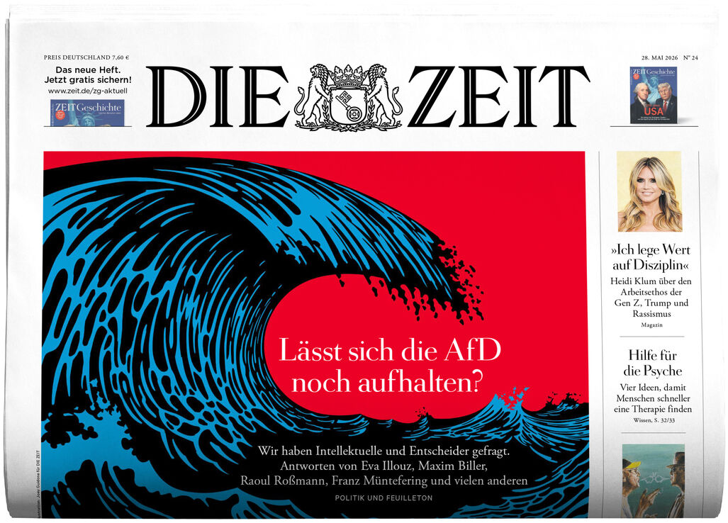 Titelseite der Zeitung DIE ZEIT 24/2026 mit einer großen stilisierten blauen Welle auf rotem Hintergrund. Im Zentrum steht die Frage „Lässt sich die AfD noch aufhalten?“ Weitere kleinere Bilder und Textfelder am rechten Rand. Das Logo befindet sich oben mittig.